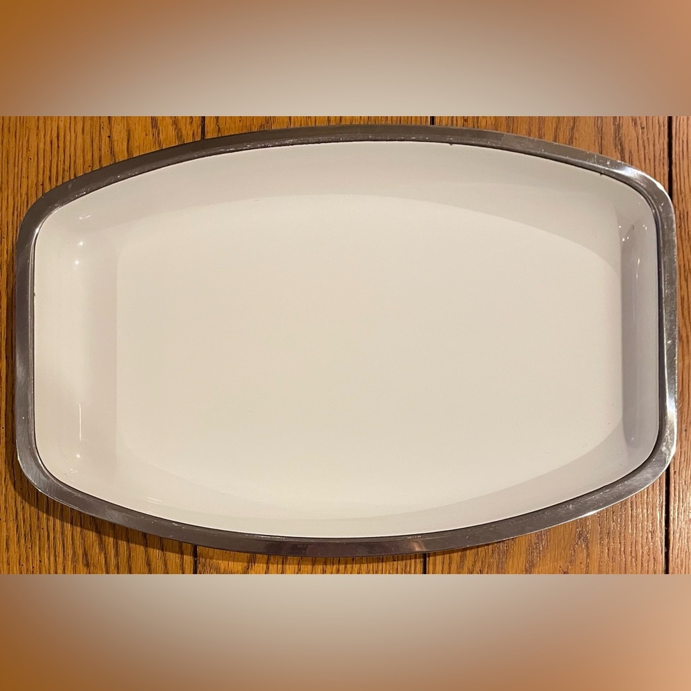 Vintage Catherine Holm white enamelware platter, stainless steel base, 13.3 X 9